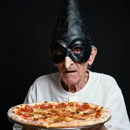 portrait photo of an old wrinkled man, skinny face, bony face, long nose, crooked nose, large full mouth, black pulcinella masquerade mask, pointy conical hat, white wrinkled shirt, presenting pizza, black background, close - up, skin blemishes, menacing, intimidating, masterpiece by jimmy nelson