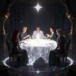 a seance in a dark room with a white glow around a center table, fantasy art, magic : the gathering