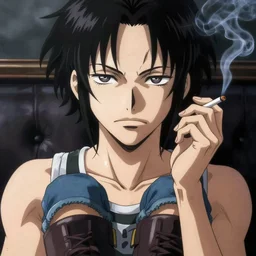Revy from Black Lagoon:: anime and manga, smoking a cigarette, Jean shorts boots and white tank top:: middle shot:: symmetrical face:: symmetrical eyes:: in the style of Joshua Middleton::