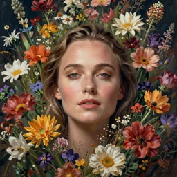 a head and shoulders portrait of alicia vikander surrounded by an explosion of wild flowers, by edgar maxence, by thomas kinkade, by gustav klimt, by wes anderson, by edward hopper, by wayne barlowe, by james gilleard, by james jean, pastel colors