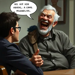 male boomer telling a dad joke to millennials, he is laughing maniacally, they are bored. by nicoletta ceccoli, mark ryden, lostfish, hyung tae, frank frazetta, hyper realistic, artstation, illustration, digital paint, matte paint, detailed.