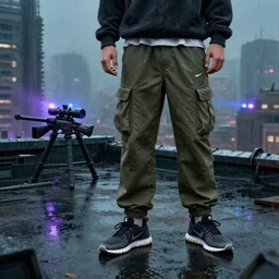 A man wearing Reindeelusion Steven Cargo pants and Nike Tech fleece Shirt and Nike Acronym presto sneakers, rooftop, sniper rifle stationed in background, Police sirens shining in far background,  high quality, digital art, dirty cyberpunk city, rain, greg rutkowski