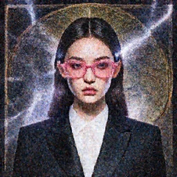 character concept portrait, symmetrical head-on centralized, Young woman with pink glasses, formal black suit. Detailed, high quality, dynamic lightning, fantasy. Artwork by Artgerm, WLOP, Alex Ross, Greg Rutknowski, Alphonse Mucha