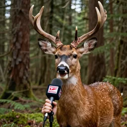 A news reporter who is a deer speaks into a microphone while standing in the Siuslaw National Forest | 25mm f/1.8