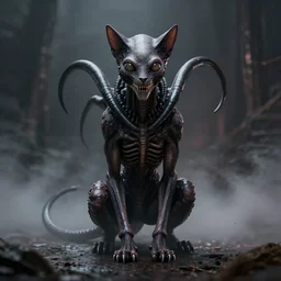 centered photorealistic Cat xenomorph inspired by Giger, sinister background, octane render, unreal engine 4k, volumetric light, fog, wide shot, detailed