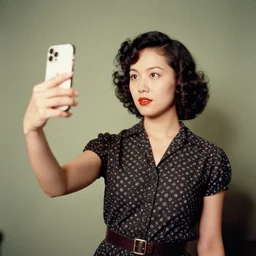 vintage photo of a modern girl in the 1920s taking a selfie with an iPhone, 35mm film