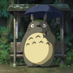 A Retzling standing with Totoro at a japanese bus stop, holding an umbrella, in the forest, rainy night, film screenshot, Studio Ghibli, Hayao Miyazaki, —TEST