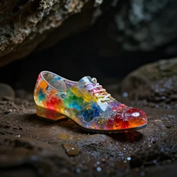 a colorful resin shoe is sitting in a dark cave, clear focus, bokeh effect, high res, hasselblad, dslr, professional, cinematic