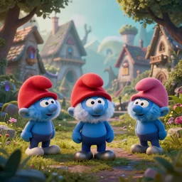 smurfs village 3 d, mistic atmosphere, cute, octane render, redshift render, intricate, insanely detailed, morning light, ambient occlusion, sub surface scattering, well rendered