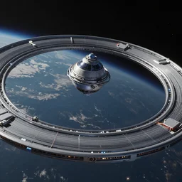 The horizon of an orbital ring stretching upwards by Alex Jay Brady. Space, megastructure, unreal engine, trending trending on artstation, hyperrealistic, video game graphics