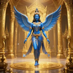 a blue hindu goddess angel entity in a golden hyperspace dmt room with thailand temple architecture, by alex grey, by android jones, by peter mohrbacher