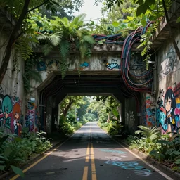 an intricate concept art illustration of an undergrowth highway underpass with graffiti, anime style, global illumination, computer wires, digital art, photorealistic movie still, style ivan talavera and artgerm, hyper realistic, photorealistic, octane render, trending on artstation, cgsociety, cinematic light, 8 k