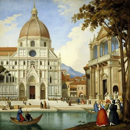 ideal renaissance city in carnival in the style of vittore carpaccio clean classical buildings sharp oil painting highly detailed