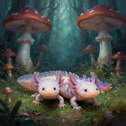 leucistic Axolotls in an eerie mushroom forest, matte painting