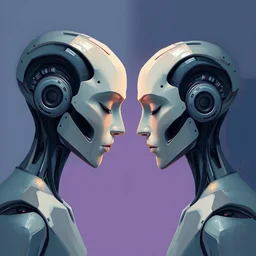 a digital painting depicting a two ai android facing each other while their eyes are closed, cubism