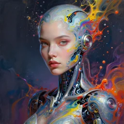 a futuristic biomechanical humanoid woman with pretty face in intricate detailed color smashing fluid oilpaint, futuristic digital painting, cyberpunk, 8 k, hyper detailed, octane render, concept art, by peter mohrbacher, by wlop, by ruan jia,