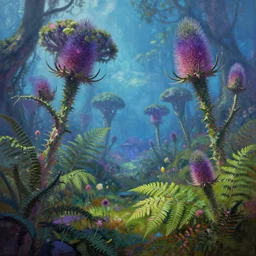 alien forest of giant thistles and ferns. vibrant, painting from a sci - fi novel cover, award winning concept art, in the style of no man's sky, trending on artstation