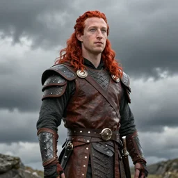 northern Mark Zuckerberg warrior, red hair, ginger hair, long hair, fantasy, Viking, high detailed, photography, cloudy, lightweight leather armour, Scandinavia, plain, detailed face, beautiful face, look into the distance, professional model, glowing skin, serious face, full body, professional photographer, masterpiece, 50 mm, 8k, 3D