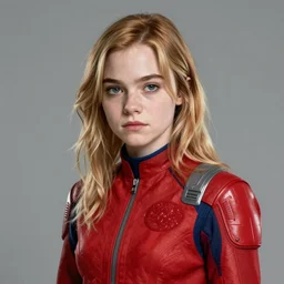 sad teenage emma stone in red futuristic jumpsuit with blue collar, portrait, highly detailed, starwars, trending on artstation, characterdesign, sharp focus, illustration, digital matte painting, art by greg rutkowski