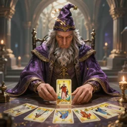 wizard performing a tarot reading, cards, fantasy, digital art, soft lighting, 8 k, highly detailed