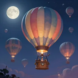 a beautiful stunning fantasy whimsical matte digital illustration of a hot - air balloon race at night by marc simonetti, pastel color palette, disney steampunk, chiaroscuro magical bokeh moon stars, trending on artstation hq, masterpiece