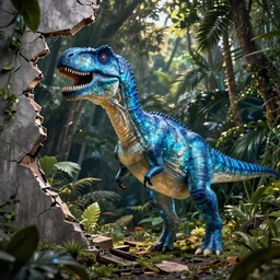 close - up glowing blue dinosaur, jungle landscape, broken down grey wall,, alena aenami, petros afshar, noah bradley, anton fadeev, anato finnstark, steve henderson, filip hodas, mark keathley, thomas kinkade, phil koch, gilbert williams, mike winkelmann, beeple