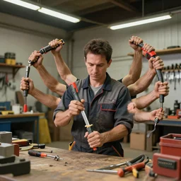 a maintenance worker using stanley tools, man with many arms and hands, photorealistic, 4 k, wide angle, workshop