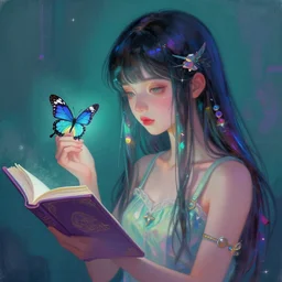 a painting of a girl holding a butterfly, a storybook illustration by jeremiah ketner, featured on deviantart, synthwave vaporware fantasy art, digital painting, deviantart, iridescent
