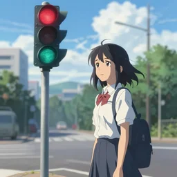 at the end of the world, a high school girl standing on road waiting at traffic light, highly detailed, deep focus, elegant, digital painting, smooth, sharp focus, illustration, ultra realistic, 8 k, art by makoto shinkai
