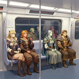a variety of fantasy races all riding in a subway car, art by tony sart