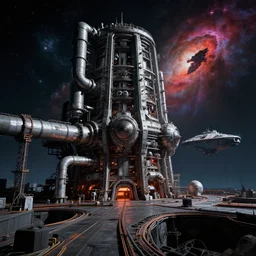 a cool colours, high contrast dark hyperreal deep space dock mining platform with massive piping inspired by nuclear reactor core maschinen krieger mri machine millennium falcon space-station Vuutun Palaa submarine, space-station Vuutun Palaa, ilm, beeple, star citizen halo, mass effect, starship troopers, elysium, the expanse, iron smelting pits, high tech industrial, dramatic nebula sky, volumetric lighting