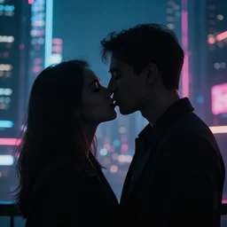 silhouettes kissing in front of a cyberpunk city, neon lights, bokeh, close up, award wining photograph, movie still,