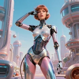 attractive female android in feminine pose on a hyper-maximalist overdetailed retrofuturist scifi bookcover illustration from '70s. Inspired by vincent di fate. Biopunk, solarpunk style. Daytime