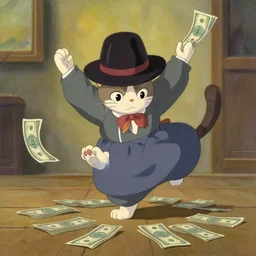 a painting of a hasidic humanoid cat doing breakdance for money by miyazaki