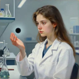 an oil protrait painting of a beautiful young female scientist in a laboratory looking at a small black hole in her hand, style by ilya kuvshinov, elegant, sharp focus, morandi color scheme, illustration, high quality, highly detailed, long hair, digital art, science fiction art style, art station
