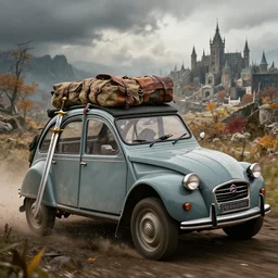 offroad citroen 2 cv ( 1 9 6 5 ) driving across the rift, daedric longsword stored on the side of the car, leather and cloth traveller backpacks on roof, riften city in the background, epic fantasy, autumn, the elder scrolls v : skyrim, dramatic lighting, establishing shot, by simon stalenhag