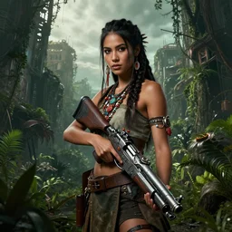 portrait of a young very beautiful cute tribal woman with a futuristic gun, in a post apocalyptic city overgrown with lush vegetation, by Luis Royo, by Greg Rutkowski, dark, gritty, intricate, volumetric lighting, volumetric atmosphere, concept art, cover illustration, octane render, trending on artstation, 8k