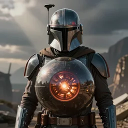mandalorian with atomic bomb reflection on his helmet , cinematic cinemascope dramatic light