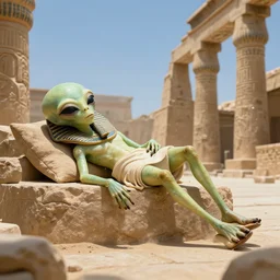 An alien falling asleep in Ancient Egypt, Realistic photograph