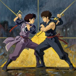 baroque oil painting of key visual ninja duel, rain, rule of thirds golden ratio, fake detail, trending pixiv fanbox, acrylic palette knife, style of makoto shinkai ghibli takashi takeuchi yoshiyuki sadamoto jamie wyeth james gilleard greg rutkowski chiho aoshima