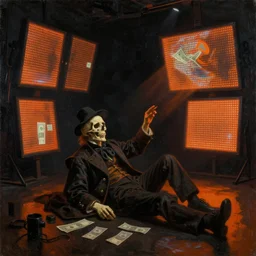 death of the money lenders, futuristic neon lighting scene, modern oil painting by rembrandt with led panel screens and projections, dynamic lighting, black and orange colour palette