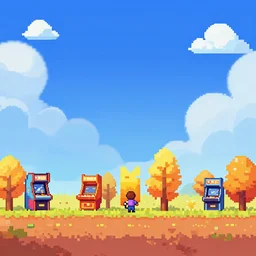 8 bit indie arcade game scene, blue sky with clouds, 2 8 different autumn trees with colored leaves, leaf fall.. details of the game trees, earth, clouds, sky background