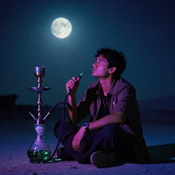 man sitting at night with a hookah and looking at the moon, photography, film, studio light, psychedelic,