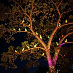 highly detailed realistic photo of birds glowing on tree at dark night, vibrant colors, award winning masterpiece photography, hyper realistic, concept art, 8 k detail post - processing