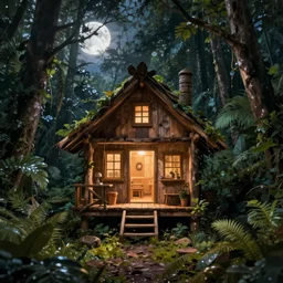 a very tiny!! rustic wooden house of a room with the light on, in the center of rainforest, moonlight, highly detailed, digital painting, trending on artstation, concept art, smooth, sharp focus, illustration, art by greg rutkowski