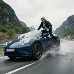 james may crashing a vehicle in norway, hyper realistic, cinematic, fast car