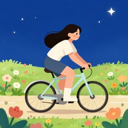 happy beautiful female cartoon image cycling through interstellar flowers field