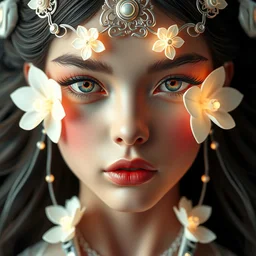 very up close symmetrical sci fi portrait of fashion elegant sophisticated of a translucent digital porcelain very beautiful cyborg lolita girl, dramatic lighting, ultra detailed ornate neon wire decoration, radiant skin, rich luscious thick hair, complex white nano mechanical baroque flowers, micro detail, by satoshi kon, sharp focus, trending on artstation hq, deviantart, pinterest, unreal engine, 8 k
