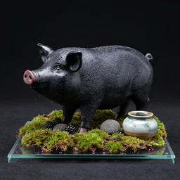 a pig - blackberry sculpture, obsidian and and pumice and japanese glazed pottery, mounted on a glass platform, moss, berry juice droplets, black background, zen,