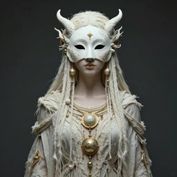 portrait of beautiful woman | full medium shot | front close - up | head on | dressed in long rags, mystical godess, ethereal, mask, ornaments of white gold in your clothes, evil, artistically realistic, barble, octane render, fine art, intrincate. by peter mohrbacher, marc simonetti and anna podedworna